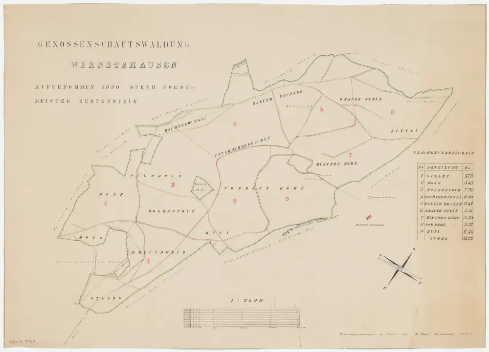 Hinwil: Gemeinde- und Genossenschaftswaldungen Wernetshausen: Genossenschaftswaldung Bachtel mit Horn, Stelze, Moos, Holenstock, Wildholz, Bachtelwiesli, Chaltenbrunnen (Kalter Brunnen), Grauenstein (Grauer Stein), Vorderhöi, Hinderhöi, Rüti; Grundriss