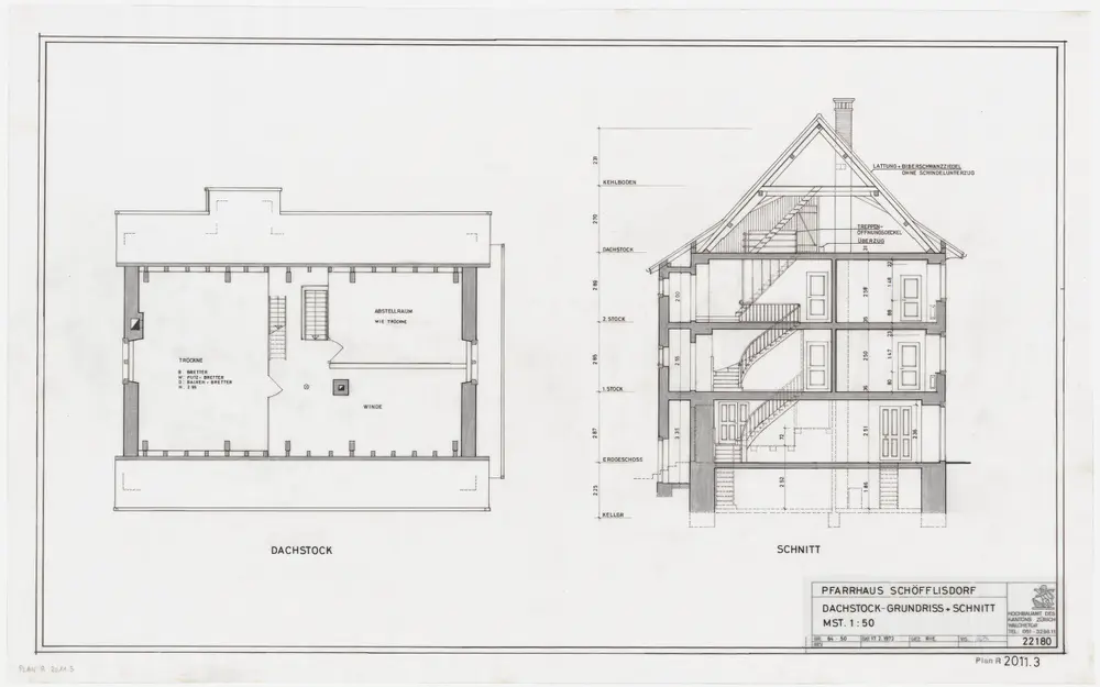 Schöfflisdorf: Pfarrhaus mit angebautem Schuppen: Pfarrhaus; Grundriss des Dachgeschosses und Querschnitt