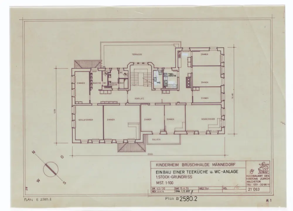 Männedorf: Kinderheim Brüschhalde: 1. Stock, Einbau einer Teeküche und WC-Anlage; Grundriss