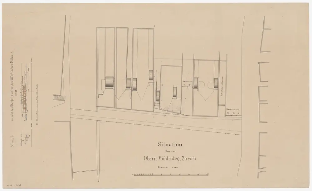 Zürich: Oberer Mühlesteg, alle Betriebe sowie Überfall unter der Mühle Wehrli; Situationsplan, Ansicht und Schnitt