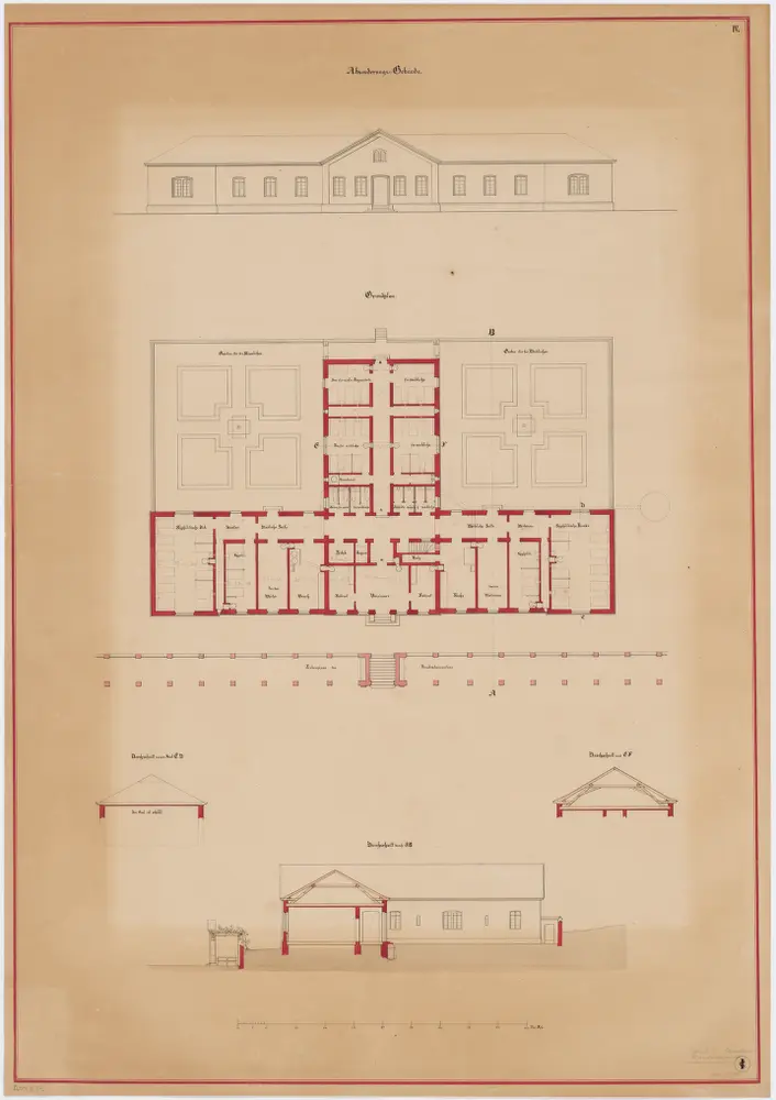 Fluntern: Projektiertes Kantonsspital, Absonderungshaus; Ansichten, Grundriss und Schnitte