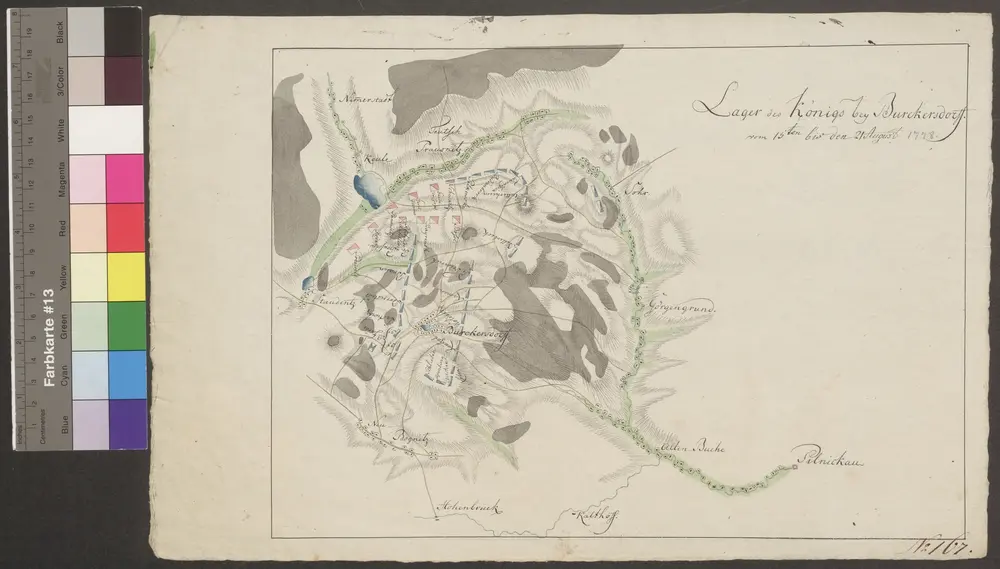 HZAN GA 100_Nr. 777_ : Burckersdorf; "Lager des Königs bei Burckersdorf";ohne Verfasser;ohne Maßstab;32 x 22,5 cm;Kartenrand: Nimmerstadt-Teutsch-Prausnitz; Sohr-Görgengrund; Hohenbrück-Kalthoff-Pilnikau; Staudentz;Papier; Federzeichnung mit Schraffen; Siedlungen im Grundriß; Gewässer und Wälder in Wasserfarben; Truppenstellungen.