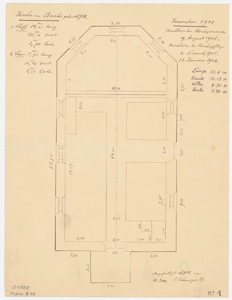 Bachs: Kirche, projektierte Renovation; Grundriss (Nr. 1)