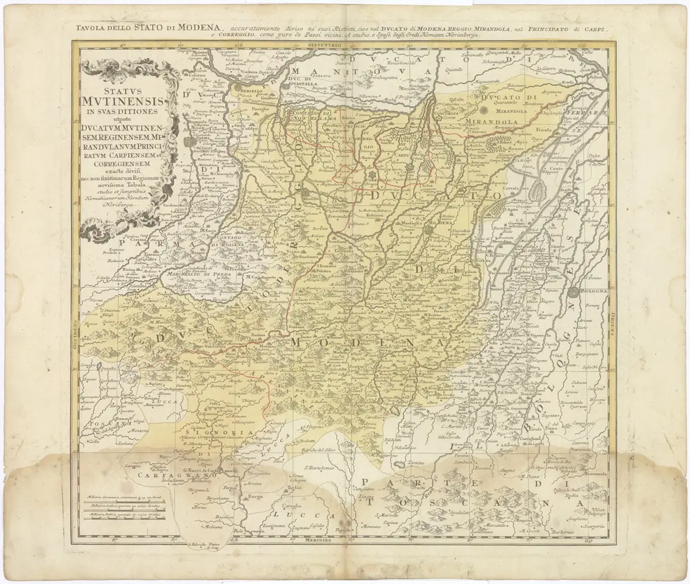 STATVS MVTINENSIS IN SVAS DITIONES utpote DVCATVM MVTINENSEM, REGINENSEM, MIRANDVLANVM, PRINCIPATVM CARPIENSEM ET CORREGIENSEM exacte divisi, nec non finitimarum Regionum novissima Tabula