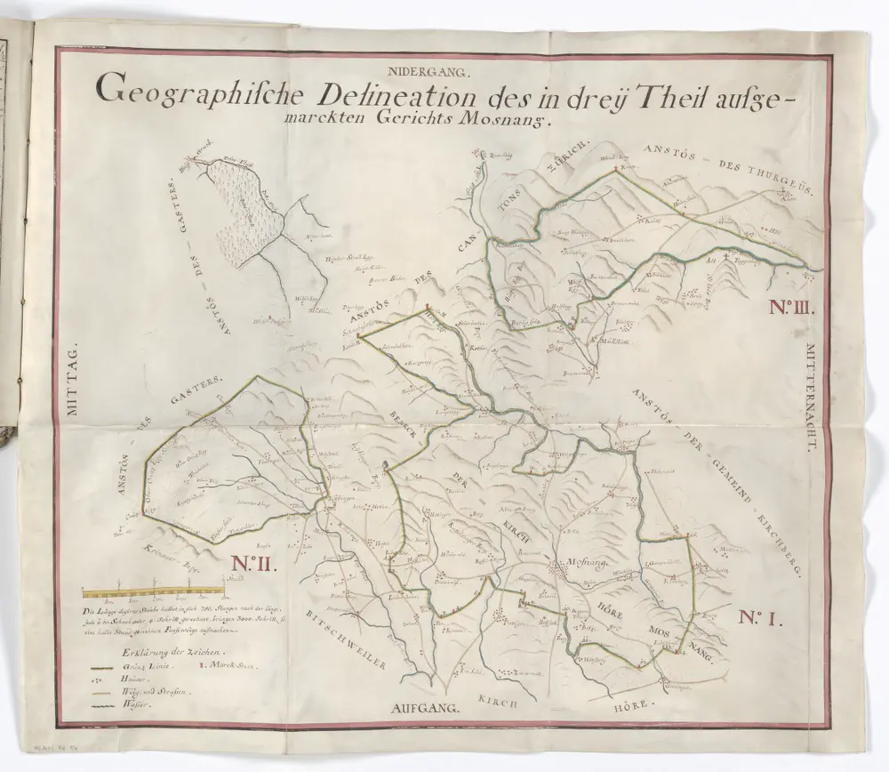 Grenzen der drei Teile des dem Kloster Fischingen unterstehenden Niedergerichts Mosnang; Grundriss und Marchenbeschreibung