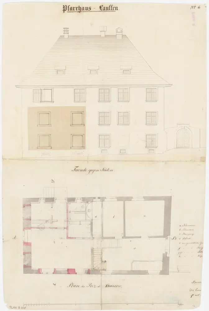 Laufen-Uhwiesen: Pfarrhaus Laufen, projektierter Umbau; Südansicht und Grundriss des Erdgeschosses (Nr. 6)