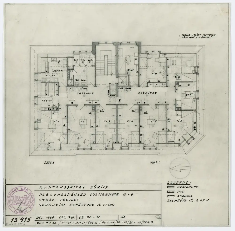 Zürich: Kantonsspital, Personalhäuser Culmannstrasse 6 und 8, Umbauprojekt; Grundrisse: Dachstock