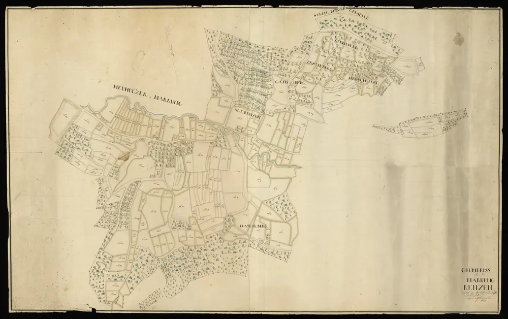 HZAN GA 100_Nr. 347_ : Renzen (Kr. Öhringen); "Grundriß über die Markung Renzen";copiert von Geodät Neunhöffer aus Künzelsau;ohne Maßstab [16 cm = 1 km];89 x 55 cm; Norden oben nach links abweichend;dargestellt sind noch die Höfe Altrenzen, Braunberg, Gänsberg, Hasenberg, Herbenberg und Strohberg;Papier; Federzeichnung; Weinberge, Wald- und Baumstücke farbig hervorgehoben.