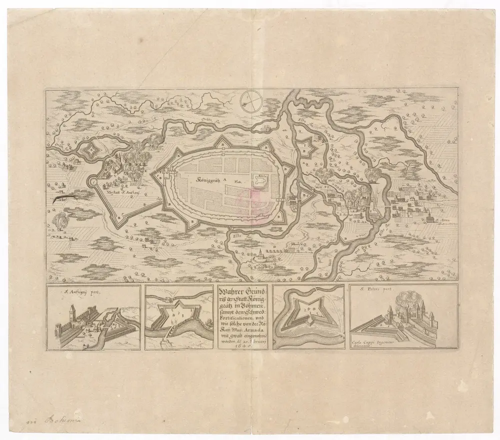 Wahrer Grundriß der Statt Königgrätz in Böhmen, sampt den schwed. Fortificationen, und wie solche von der rö. kay. May. Armada mit gwalt eingenohme[n] worden, de[n] 20. Februarj 1640