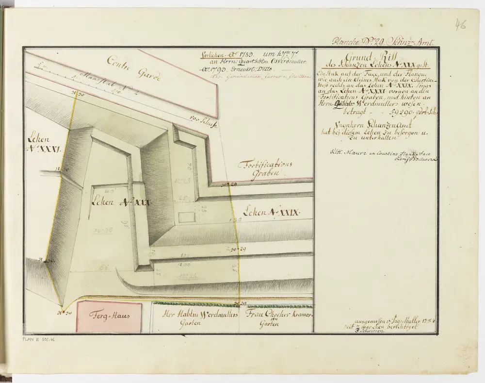 Zürich: Dem Spital Zürich gehörende Lehen in den Fortifikationswerken; Ansichten, Grundrisse und Schnitte: Schanzenlehen Nr. 30 Grosse Stadt, zwischen Fortifikationsgraben und Ferg-Haus; Grundriss