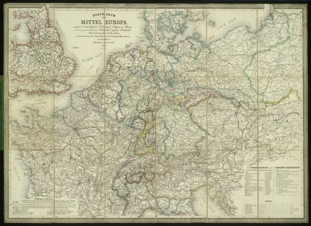 Postkarte von Mittel Europa enthaltend Deutschland, die Niederlande, Belgien, die Schweiz und einen grossen Theil von Oesterreich, England, Frankreich, Polen, Dänemark und Ober Italien, mit Bezeichnung aller Eisenbahnen und Dampfschiffs-Course