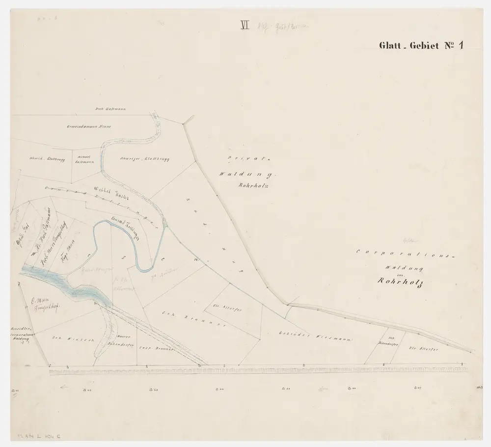 Opfikon bis Oberglatt: Grundeigentümer entlang der Glatt; Grundrisse (Glatt-Gebiet Nr. 1): Blatt VI: Rümlang im Grüt und im Birchen; Grundriss (Glatt-Gebiet Nr. 1)