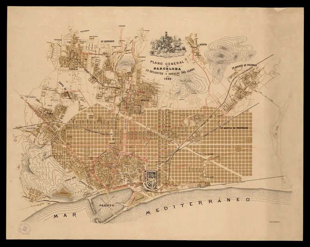 Plano general de Barcelona, de su ensanche y pueblos del llano en 1902