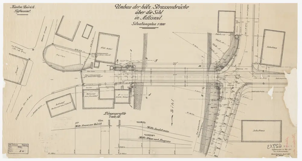 Adliswil, Hütten: Brücken über die Sihl: Umbau der hölzernen Brücke; Situationsplan und Längsprofile (Strassen)