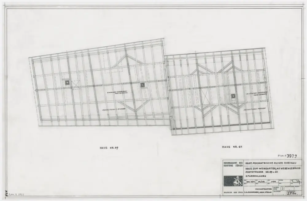 Psychiatrische Klinik Alt-Rheinau: Haus zum Weingarten mit Nebengebäude; Ansichten, Grundrisse und Schnitte: Sparrenlagen