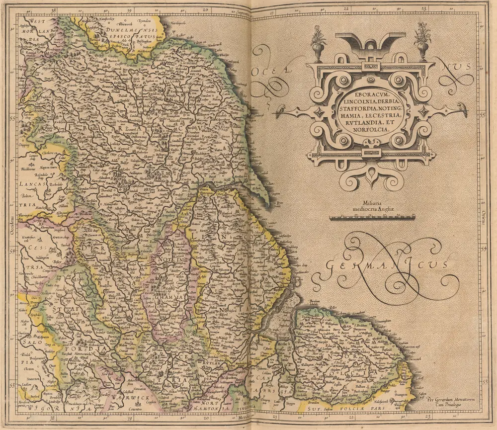 Eboracum, Lincolnia, Derbia, Staffordia, Notinghamia, Lecestria, Rutlandia, Et Norfolcia. [Karte], in: Gerardi Mercatoris Atlas, sive, Cosmographicae meditationes de fabrica mundi et fabricati figura, S. 124.