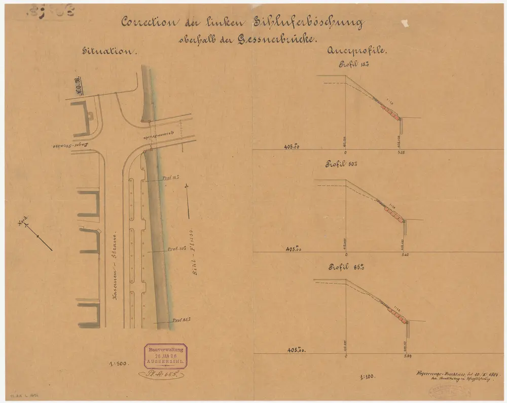 Aussersihl: Oberhalb der Gessnerbrücke, Korrektion der linken Sihluferböschung; Situationsplan und Querprofile