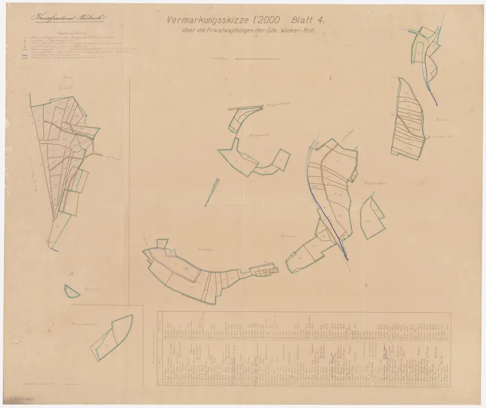 Winkel: Privatwaldungen: Vermarkungsskizze, Blatt 4: Römerwäldli (Römerwäldchen), Bitzital (Bitzidal), Ebnet, Seehalden (Seehalde), Hungerbüel (Hungerbühl), Chrinnen (Krinnen), Büelbuechen (Bühlbuchen), Buechen (Buchen); Grundrisse