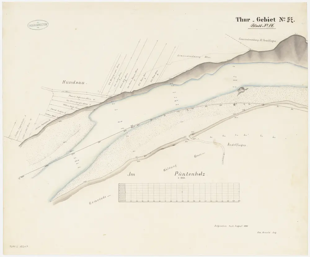 Andelfingen (damals Grossandelfingen), Kleinandelfingen, Flaach: Thur von oberhalb der Andelfinger Eisenbahnbrücke bis zur Einmündung in den Rhein, Thurkorrektion: Blatt VII: Andelfingen (damals Grossandelfingen), Kleinandelfingen: Hundsau bis Püntenholz, Thurkorrektion; Situationsplan (Thur-Gebiet Nr. 57)