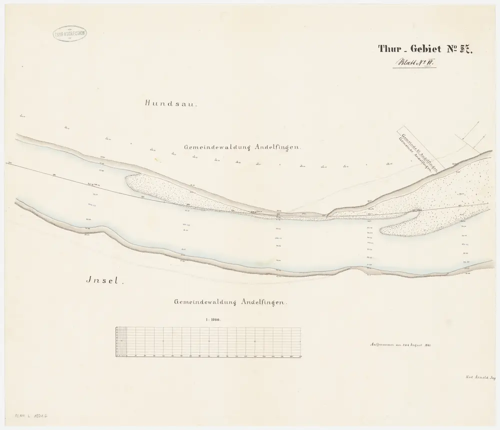 Andelfingen (damals Grossandelfingen), Kleinandelfingen, Flaach: Thur von oberhalb der Andelfinger Eisenbahnbrücke bis zur Einmündung in den Rhein, Thurkorrektion: Blatt VI: Andelfingen (damals Grossandelfingen), Kleinandelfingen: Hundsau, Thurkorrektion; Situationsplan (Thur-Gebiet Nr. 57)