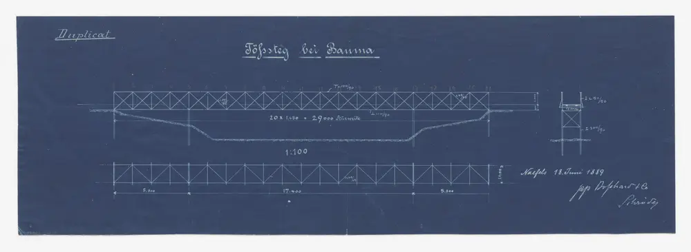 Bauma: Eiserner Fachwerksteg über die Töss; Grundriss, Quer- und Längsschnitt