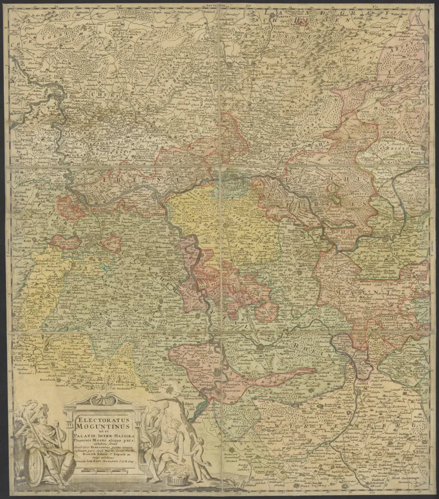 Electoratus Moguntinus ut et Palatin. Infer. Hassiae & fluminis Moeni aliqua pars exhibens simul Occid. Circ. Franconiae partes nimiru infimam part. episc. Würtz. comit. Werth. Reineck, Hohenl. & Erpach etc. geogr. exhibitus