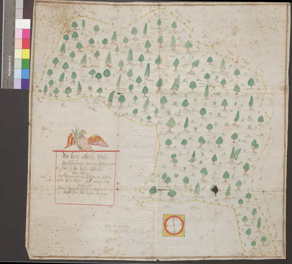 HZAN GA 100_Nr. 424_ : Weikersheim; "Der hochgräfliche Hohenlohe-Weikersheimische Wald, das Eichle genannt" [Waldkarte];Michel Johann Martin Wenderlein;40 Ruten = 7,2 cm;57,5 x 57,5 cm; Norden oben;Papier; Wasserfarben; Angrenzer namentlich angegeben.