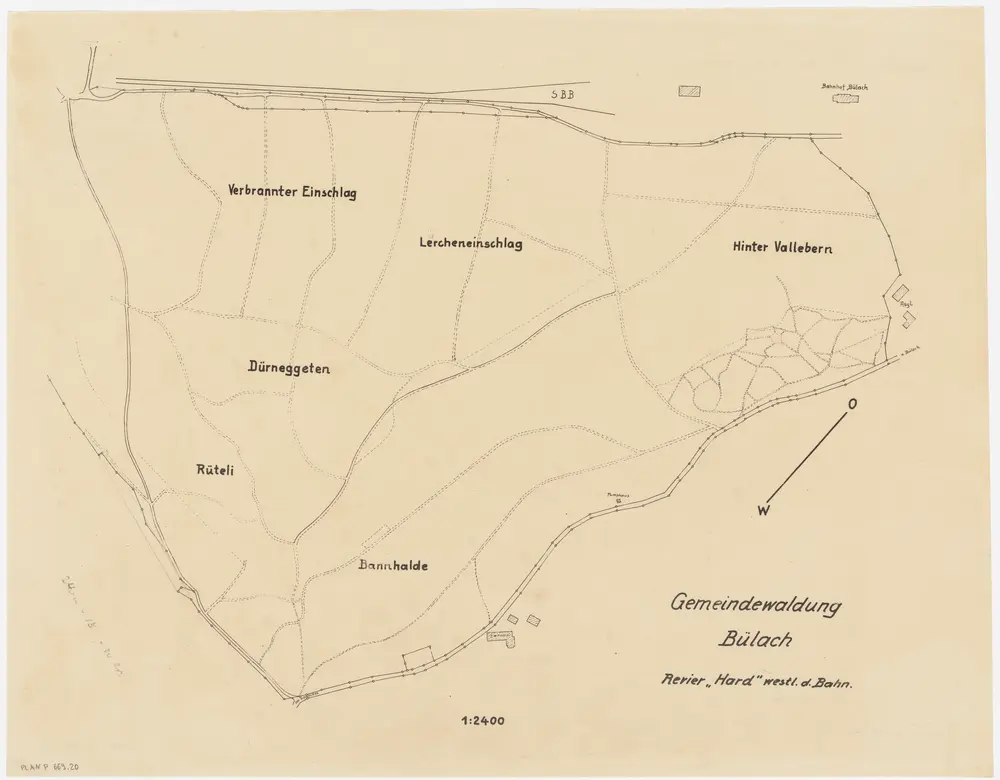 Bülach, Hochfelden: Gemeindewaldungen Bülach und Eschenmosen: Bülach: Hard mit Bannhalde, Rüteli, Dürrenägerten (Dürneggeten), Verbrännter Ischlag (Verbrannter Einschlag), Lärchenischlag (Lercheneinschlag), Hinter Volleberen (Hinter Vallebern); Grundriss