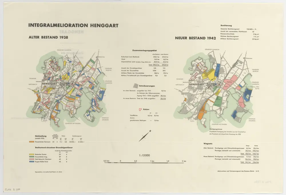 Henggart: Integralmelioration, alter Bestand 1938 und neuer Bestand 1942; Übersichtsplan