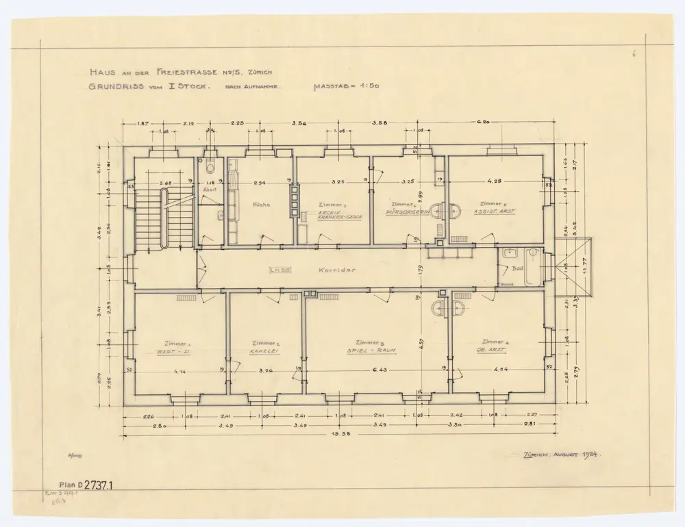 Haus Freiestrasse 15: Grundrisse und Querschnitt: 1. Stock; Grundriss