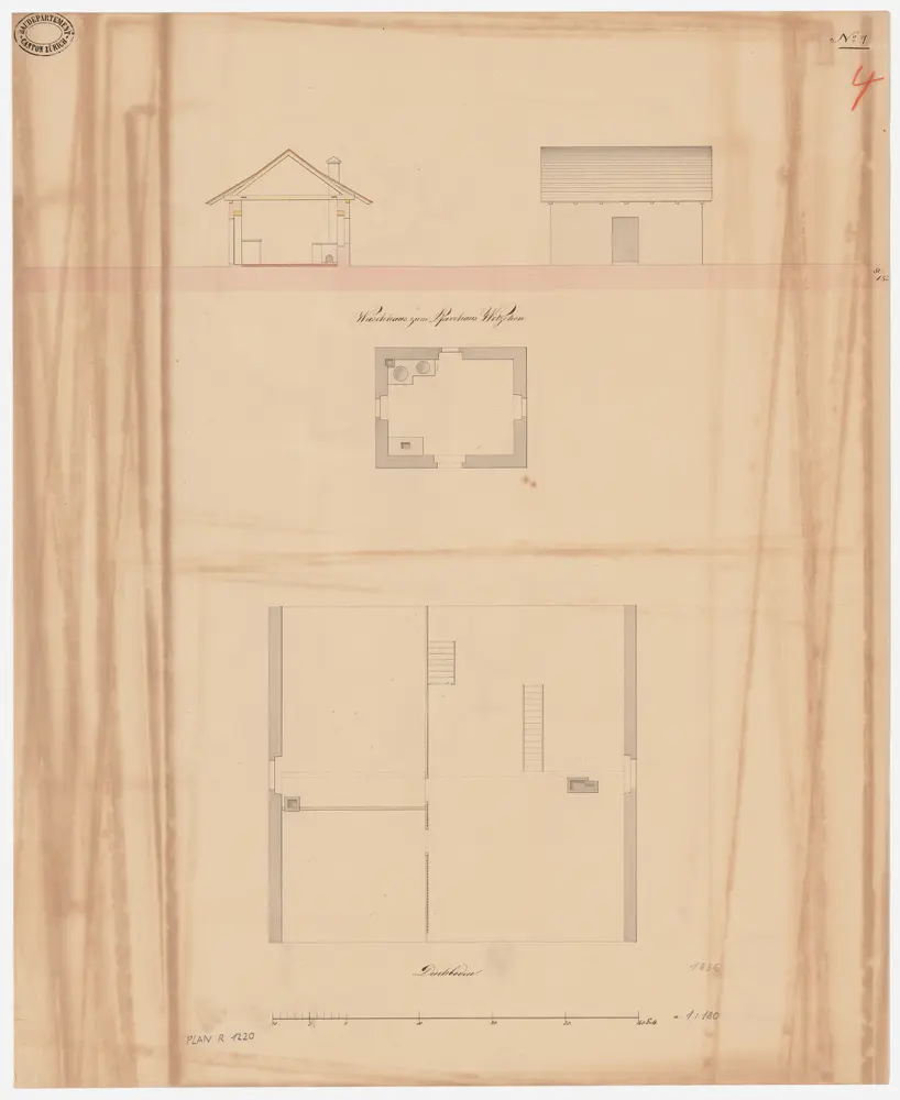 Wetzikon: Pfarrhaus mit Waschhaus; Grundriss des Dachgeschosses und Grundriss, Ansicht und Querschnitt des Waschhauses (Nr. 4)