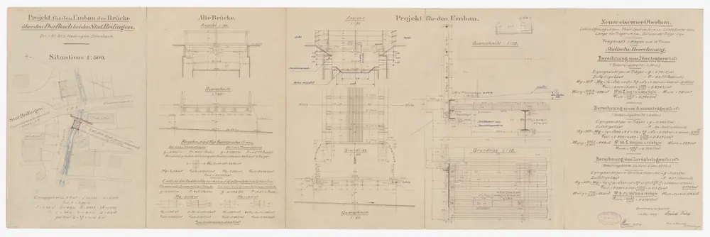 Hedingen: Projektierter Umbau der eisernen Balkenbrücke über den Dorfbach bei der Bahnstation; Situationsplan, Ansichten, Grundrisse und Schnitte
