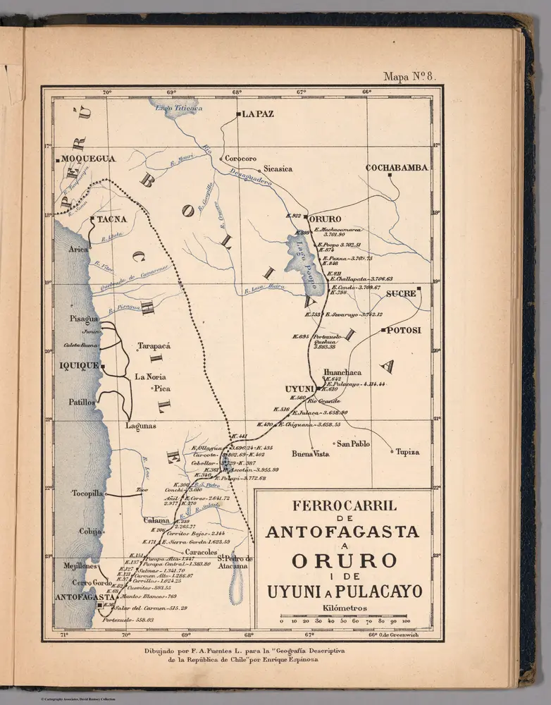 Mapa No. 8.  Ferrocarril de Antofagasta a Oruro i de Uyuni a Pulacayo.