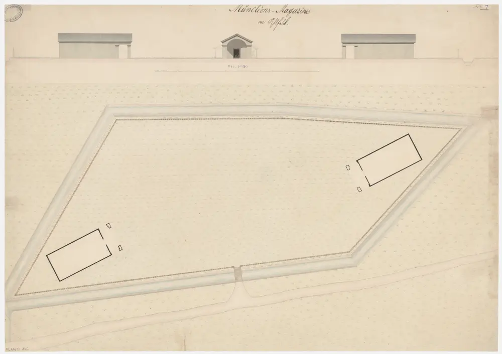 Aussersihl: Munitionsmagazine im Sihlfeld; Situationsplan und Ansichten (Nr. 7)