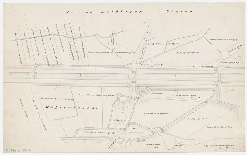 Bülach, Hochfelden, Glattfelden: Spinnerei in Glattfelden bis zur Einmündung in den Rhein; Grundrisse: Blatt IV: Glatt bei den mittleren Wiesen und den Mühlewiesen; Grundriss