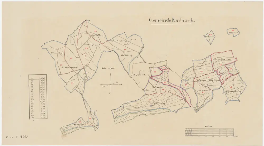 Embrach: Gemeindewaldungen: Oberhalde, Sternegg, Hüeneren (Hühnern), Ischlag (Einschlag), Ennerzelg (Ennere Zelg), Platten, Büliberg, Burg, Mettlen, Tannenweg, Hasel, Bühl, Stuelwisen (Stuhlwiesen), Chimenhof (Keimenhof), Birchli, Hau, Erlen, Illinger Berg, Rorbaserhag, Cholplatz (Kohlplatz), Rebacker; Grundrisse