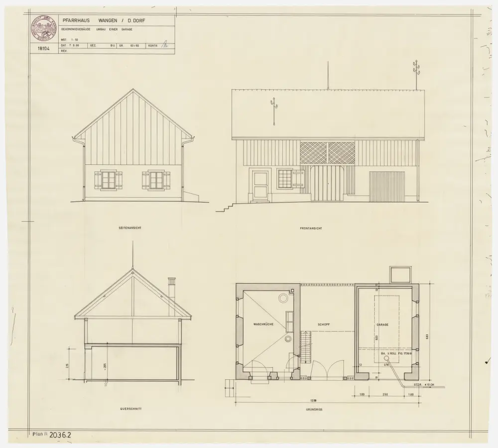 Wangen-Brüttisellen (damals Wangen): Pfarrhaus mit Nebengebäude: Ökonomiegebäude, Garageneinbau; Grundriss, Ansichten und Querschnitt