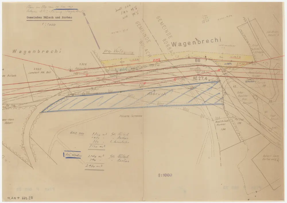 Bülach, Hochfelden: Gemeindewaldungen Bülach und Eschenmosen: Bülach, Rorbas: Verlegungsplan für Röhren der Elektrizitätswerke des Kantons Zürich EKZ in der Wagenbrechi; Grundriss