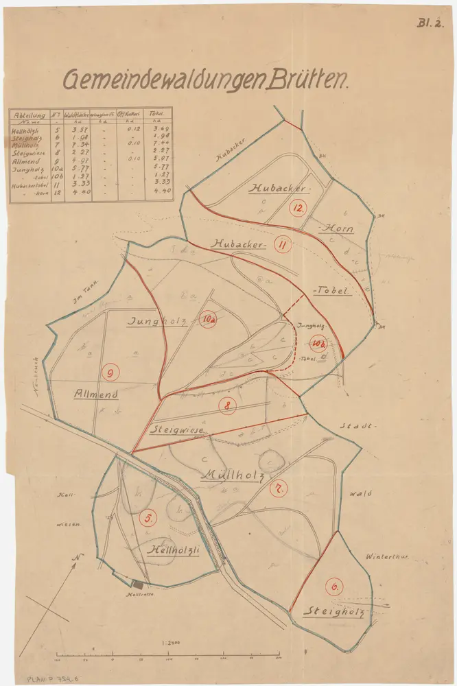 Brütten: Gemeinde- und Genossenschaftswaldungen: Gemeindewaldungen Huebacher (Hubacker), Horntobel, Jungholz, Allmend, Steigwiese, Mülholz (Müllholz), Hellhölzli, Steigholz; Grundriss (Blatt 2)