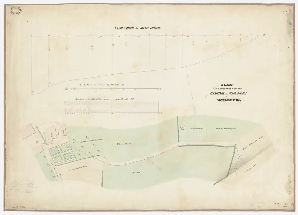 Wildberg: Pfarrhaus und Umgebung, Wasserleitung zu den Gemeinde- und Pfarrhausbrunnen; Grundriss und Längsprofil (Nr. 12)