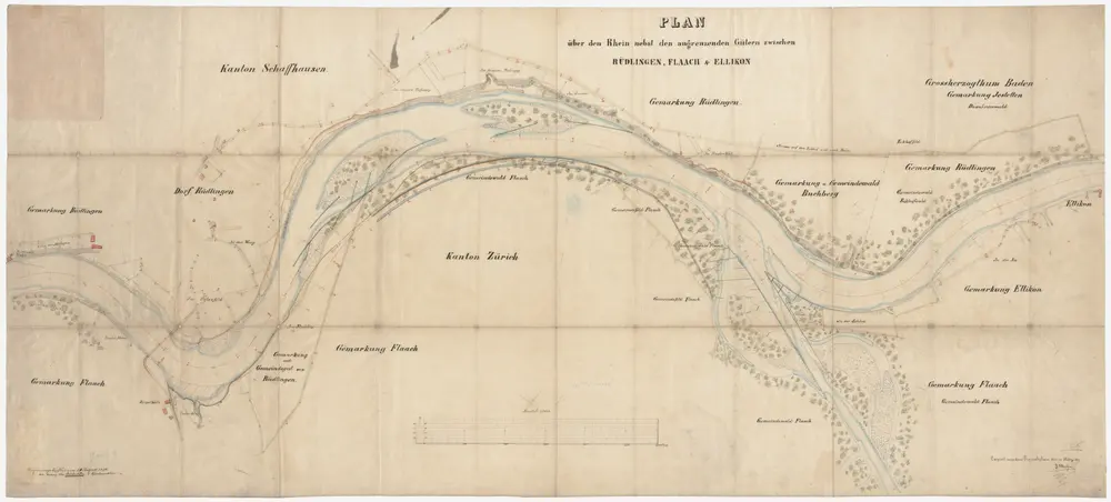 Jestetten (Deutschland) bis Rüdlingen SH: Ellikon am Rhein bis zur Brücke in Rüdlingen, projektierte Rheinkorrektion; Situationsplan von 1857 (Rhein-Gebiet Nr. 55 a)