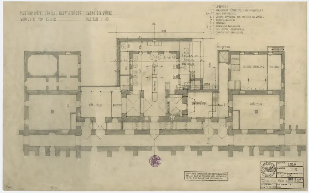 Zürich: Kantonsspital, Hauptgebäude, Küchenumbau, Keller; Grundriss