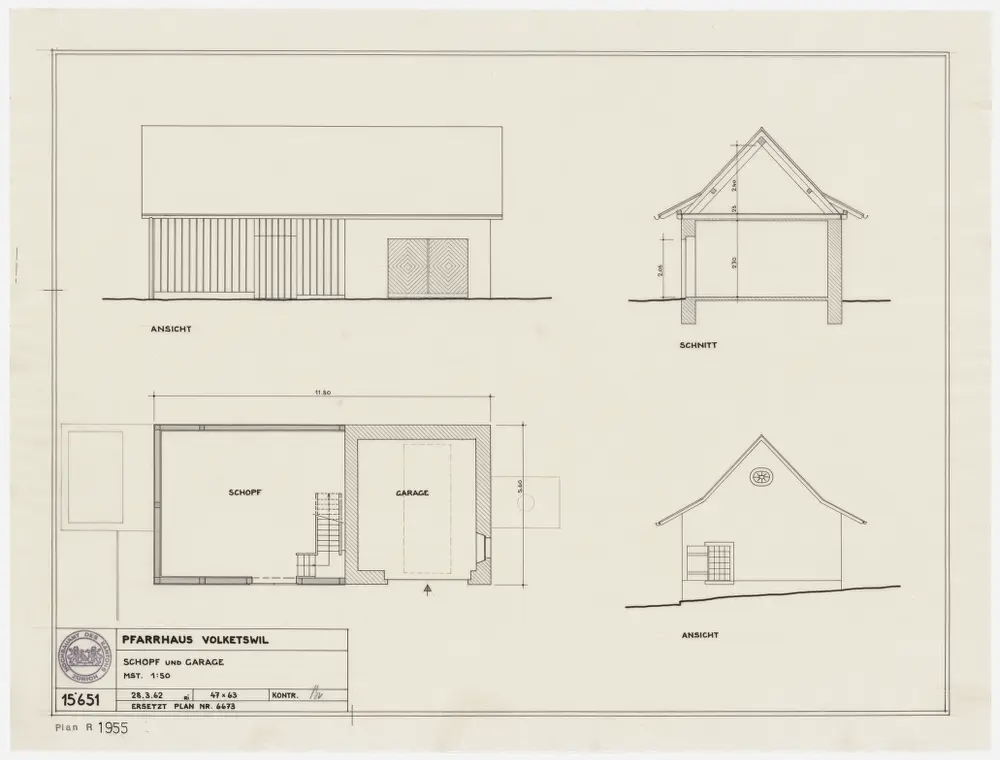Volketswil: Schuppen und Garage; Grundriss, Ansichten und Querschnitt