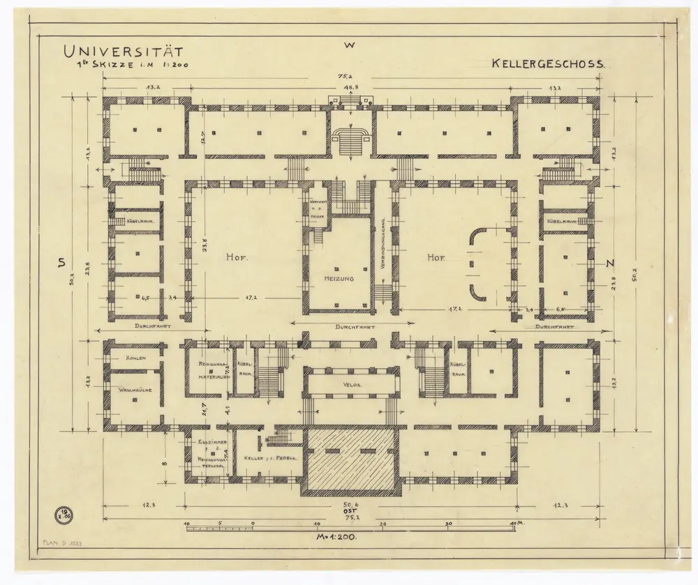 Universität Zürich, projektiertes Kollegienhaus: Kellergeschoss; Grundriss