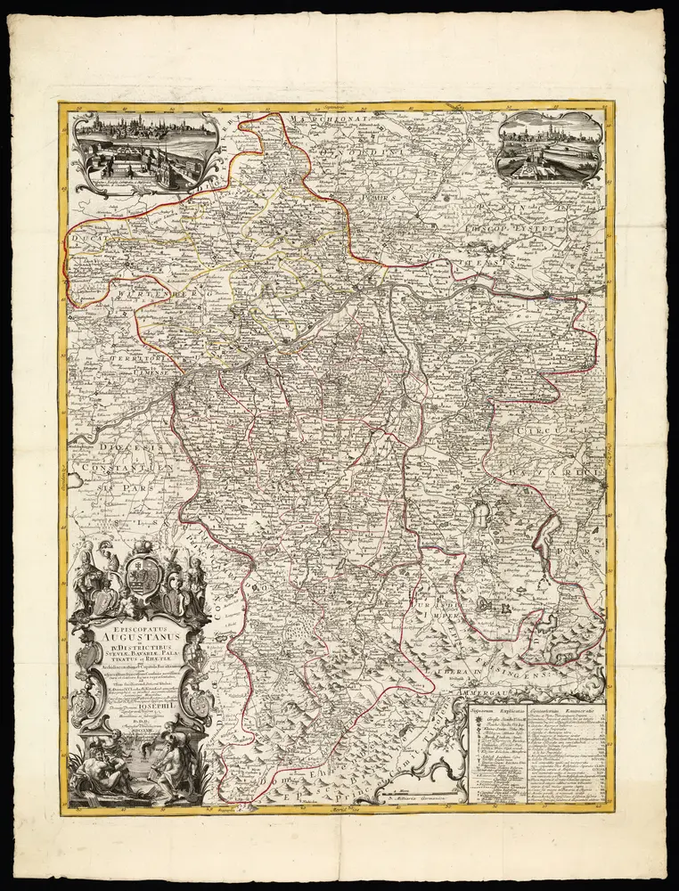 HStAS N 100_Nr. 121_ : "Episcopatus Augustanus in IV. Districtibus Sueviae, Bavariae, Palatinatus et Rhaetiae per Archidiaconatum et Capitula Ruralia XXXVIII cum adjacentium Dioecesiium Confiniis novissima cura et clariore figura repraesentatus. ad usum faciliorem Libri ..."