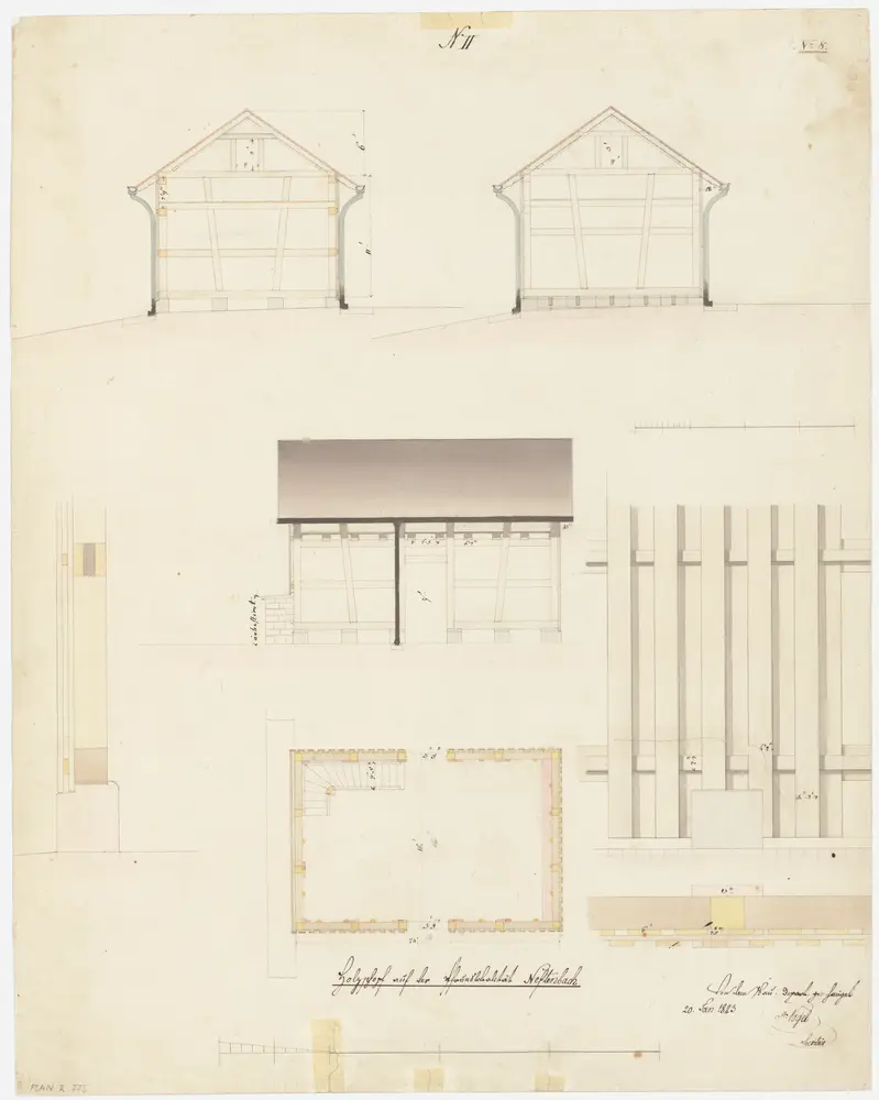 Neftenbach: Holzschuppen; Grundriss, Längs- und Querschnitte sowie Detailansicht der Aussenwand (Nr. 8)