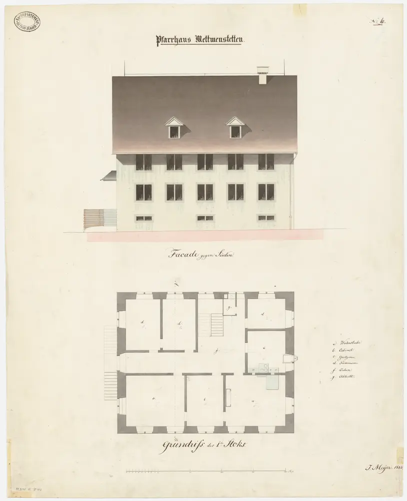 Mettmenstetten: Pfarrhaus; Südansicht und Grundriss des 1. Stocks (Nr. 6)