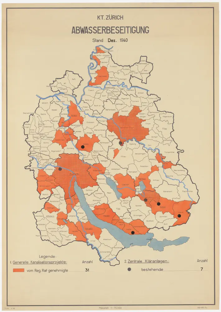 Kanton Zürich: Bestehende und projektierte Kanalisationen und Abwasserreinigungsanlagen, Zustand Dezember 1940; Übersichtskarte