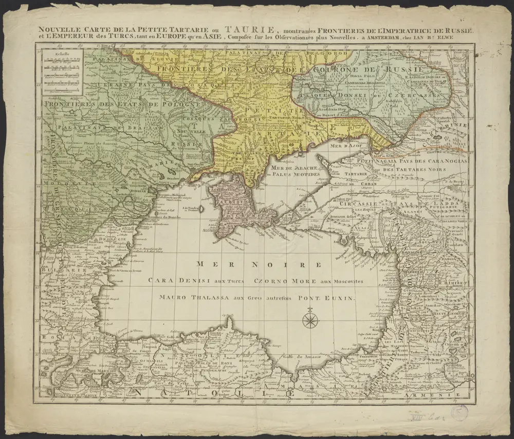 Nouvelle carte de la petite Tartarie ou Taurie, montrant les frontieres de l'Imperatrice de Russie, et l'Empereur des Turcs, tant en Europe qu'en Asie