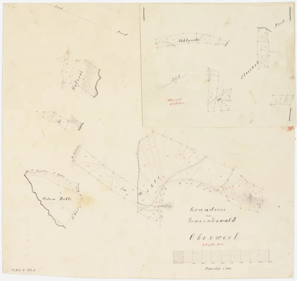 Nürensdorf: Gemeindewaldung Oberwil: Holzrei, Unterm Hüebli (Hübli), Hüebli (Hübli), Cholgrueb (Kohlgrube), Hinterm Steichel, Steichel; Grundrisse